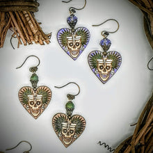 Load image into Gallery viewer, Earrings Laser-Etched Hand-Painted Wood Heart MoonShine Yucca Skull Jade
