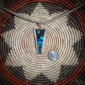 Navajo Handmade Pendant Sterling Silver Inlay Turquoise Lapis Jet and Coral with Navajo Pearl Sterling Silver 20” Chain