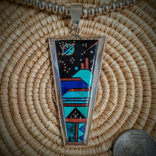 Load image into Gallery viewer, Navajo Handmade Pendant Sterling Silver Inlay Turquoise Lapis Jet and Coral with Navajo Pearl Sterling Silver 20” Chain