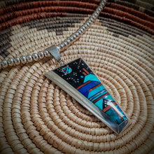 Load image into Gallery viewer, Navajo Handmade Pendant Sterling Silver Inlay Turquoise Lapis Jet and Coral with Navajo Pearl Sterling Silver 20” Chain