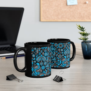 Mug 11oz Black Ceramic with Turquoise and Gray Nordic Birds and Florals