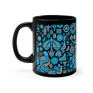 Mug 11oz Black Ceramic with Turquoise and Gray Nordic Birds and Florals