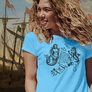 MoonShine New Mexico fun summer t-shirt with a vintage mermaid and her note, "Brandon, you're a fine boy, what a good spouse you would be, but my life, my love and my boyfriend is the sea." Lots of colors to choose from. Have a great su;mmer!