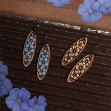 Load image into Gallery viewer, Earrings Laser Etched Wood MoonShine Blue Flax Design Unpainted