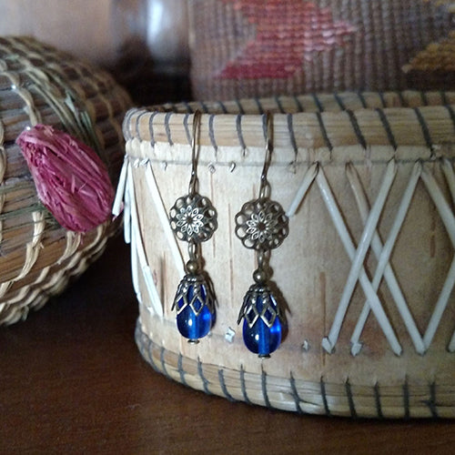 Earrings MoonShine Cobalt Blue Glass Drop with Flower Link