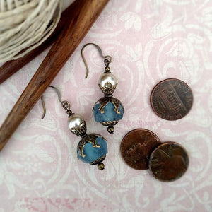 Earrings - Recycled Glass With Glass Pearl - Dangle