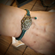 Load image into Gallery viewer, Bracelet Antiqued Bronze MoonShine Vintage Style Filigree Link Emerald Crystal Charm