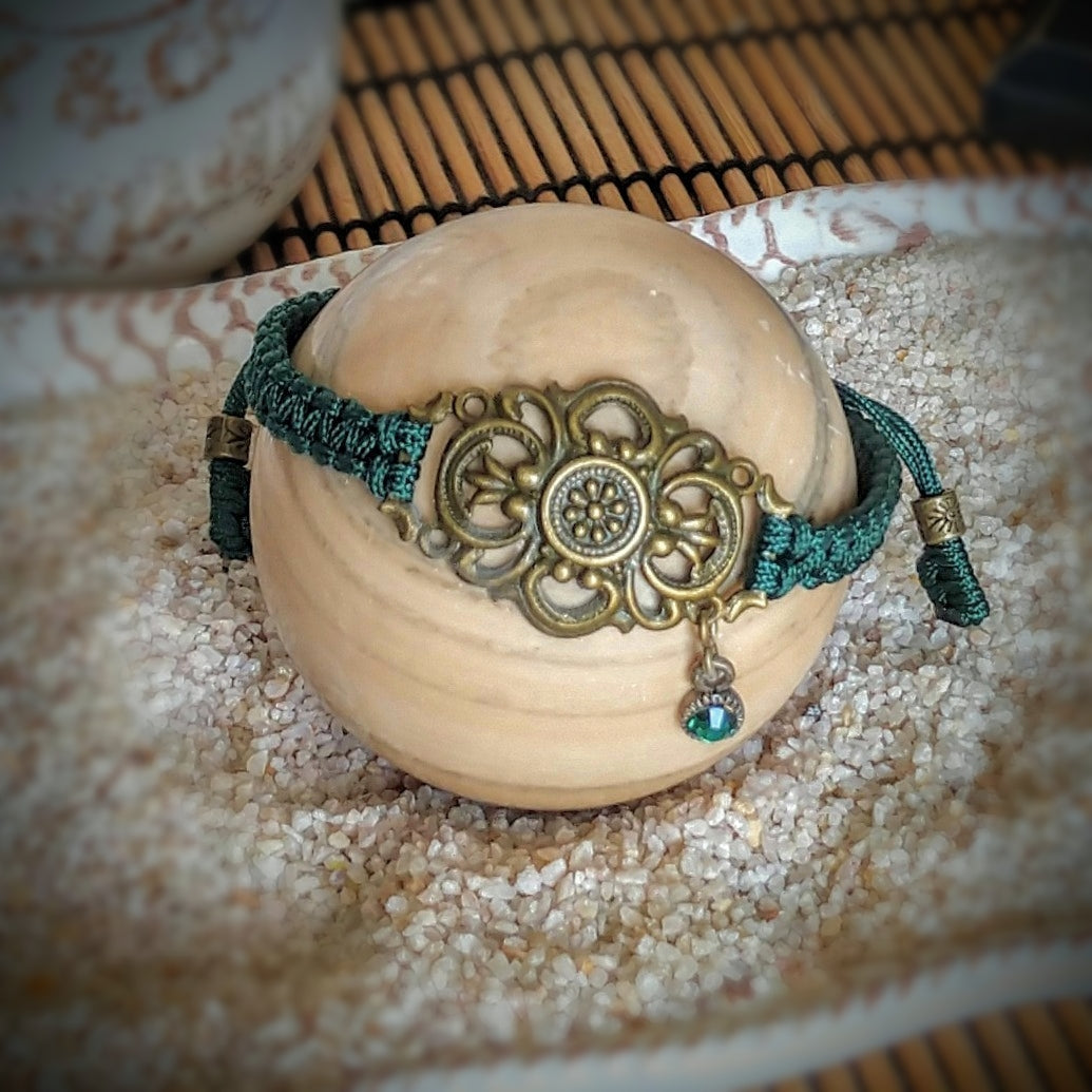 Bracelet Antiqued Bronze MoonShine Vintage Style Filigree Link Emerald Crystal Charm