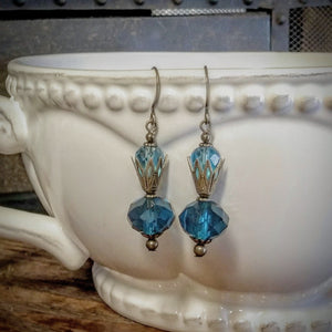 Earrings - "Genie Bottle" Azure Blue Faceted Glass
