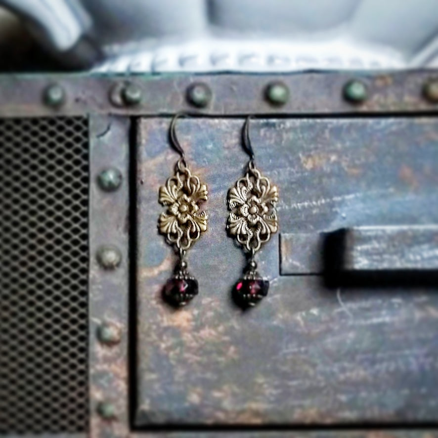 Earrings - Brass filigree with Deep Red Faceted Glass