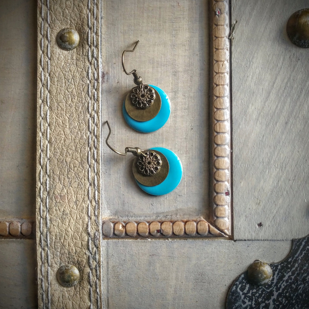 Earrings - Teal Enamel with Antiqued Brass