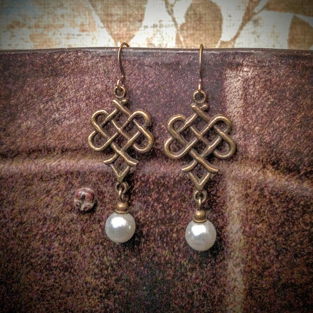 Earrings - Antiqued Brass Celtic Love Knot and Glass Pearls Dangles