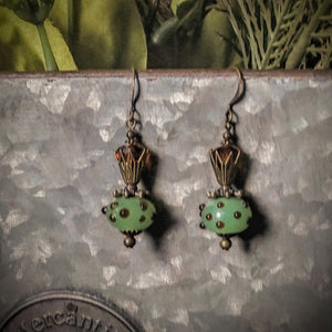 Earrings - "Genie Bottle" Green Lampwork Bumpy Beads with Faceted Topaz Crystal and Antiqued Brass Bead Cap