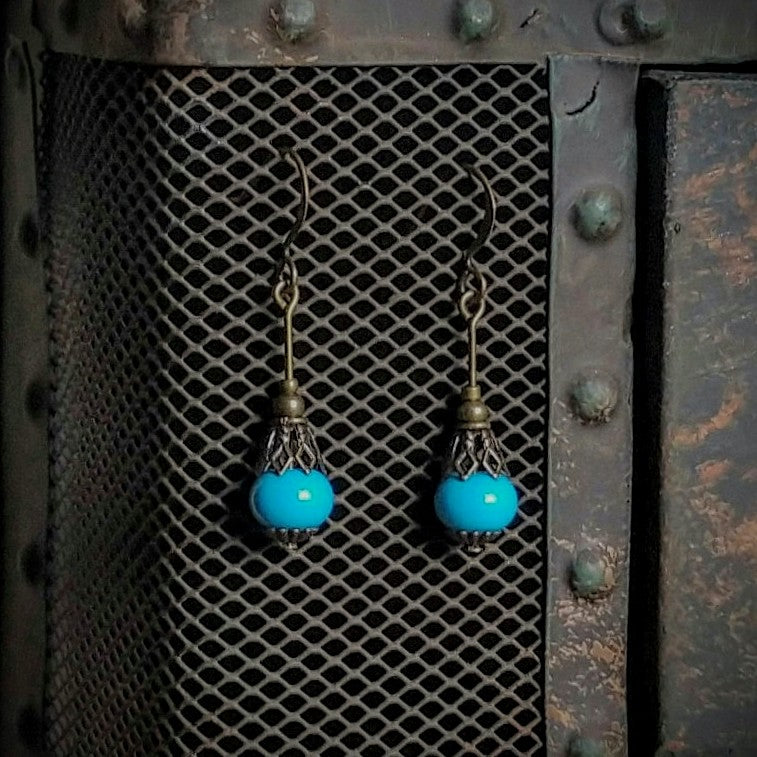 Earrings - Turquoise Glass Bead Drops with Antiqued Brass Bead Cap