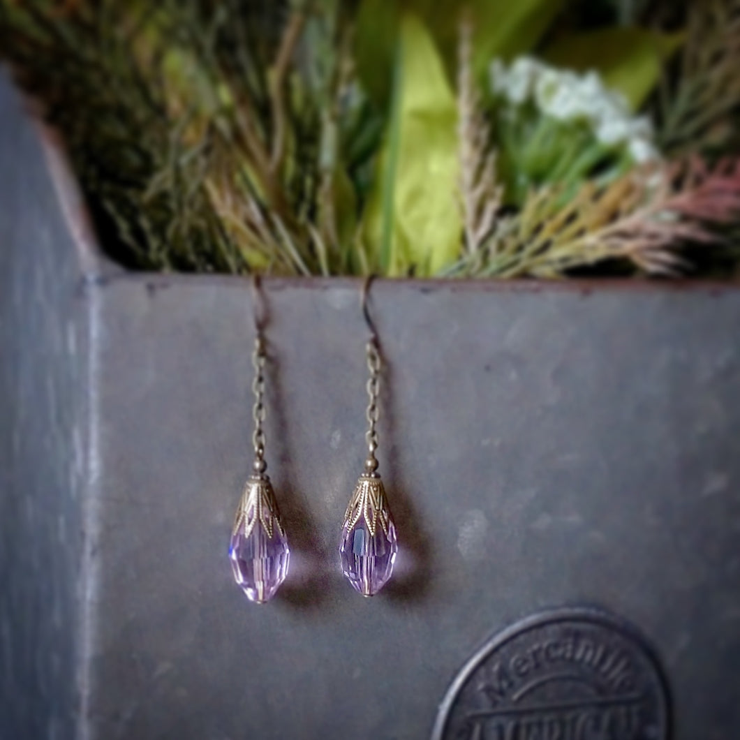 Earrings - Soft Pink Crystal Teardrop Dangle with Antiqued Brass Finish