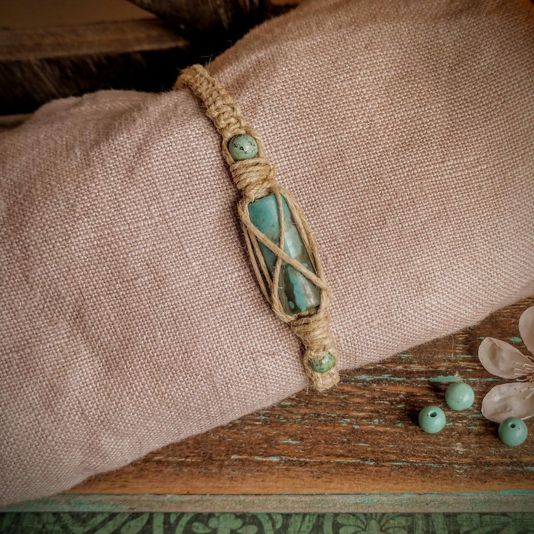 Bracelet Boho MoonShine Hand-Knotted Adjustable Hemp Cord Magnesite Turquoise Beads