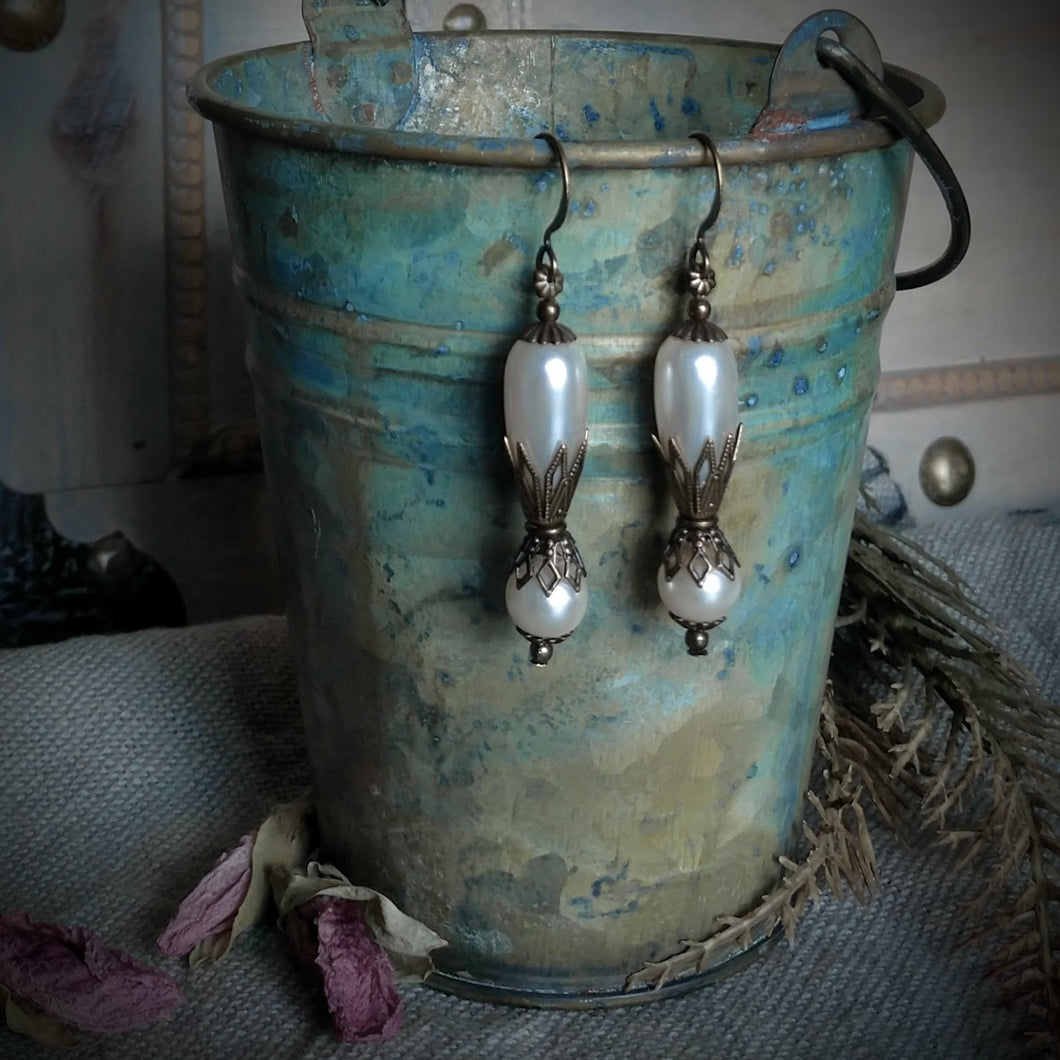 Earrings - Glass pearl vintage-style dangles with antiqued brass finish.