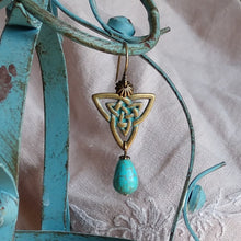 Load image into Gallery viewer, Earrings - Antique Bronze &amp; Patina Celtic Trinity Knot with Turquoise Magnesite Teardrop Bead