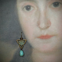 Load image into Gallery viewer, Earrings - Antique Bronze &amp; Patina Celtic Trinity Knot with Turquoise Magnesite Teardrop Bead