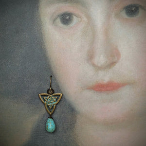 Earrings - Antique Bronze & Patina Celtic Trinity Knot with Turquoise Magnesite Teardrop Bead