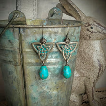 Load image into Gallery viewer, Earrings - Antique Bronze &amp; Patina Celtic Trinity Knot with Turquoise Magnesite Teardrop Bead