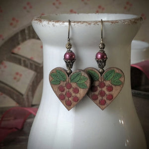 Earrings Laser-Etched Hand-Painted Wood Heart Chokecherry Design Glass Pearl