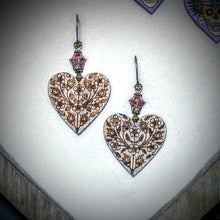 Load image into Gallery viewer, Earrings - Laser Etched Wood Heart - Apache Plume Design with Swarovski Crystal