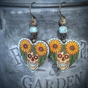 Earrings Laser Etched Hand-Painted Wood Heart Sunflower Skull Magnesite