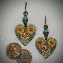 Load image into Gallery viewer, Earrings Laser Etched Hand-Painted Wood Heart Sunflower Skull Magnesite