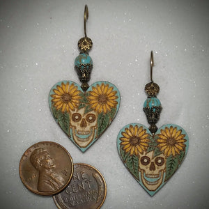 Earrings Laser Etched Hand-Painted Wood Heart Sunflower Skull Magnesite