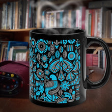 Load image into Gallery viewer, Mug 11oz Black Ceramic with Turquoise and Gray Nordic Birds and Florals