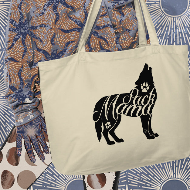 Tote Bag Large Organic 100% Cotton Pack Mama Howling Wolf