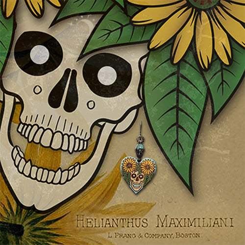 Earrings Laser Etched Hand-Painted Wood Heart Sunflower Skull Magnesite