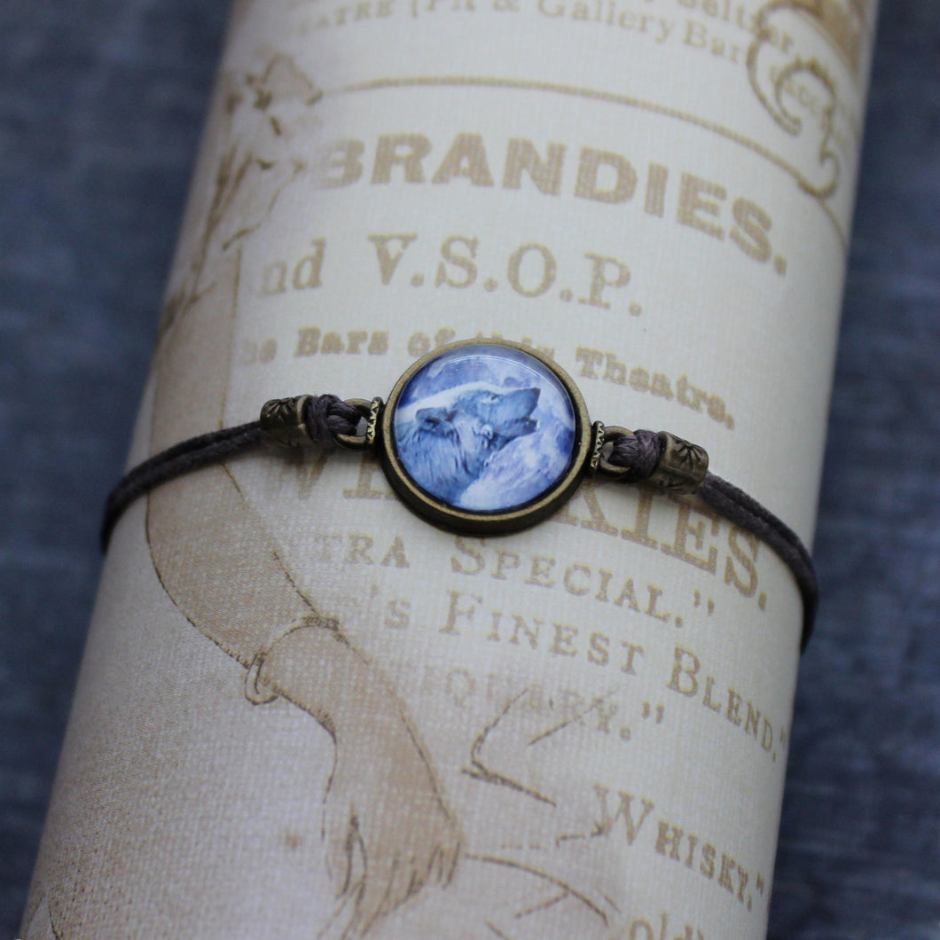 Bracelet 100% Cotton Cord MoonShine Howling Wolf Full Moon Glass Cabochon