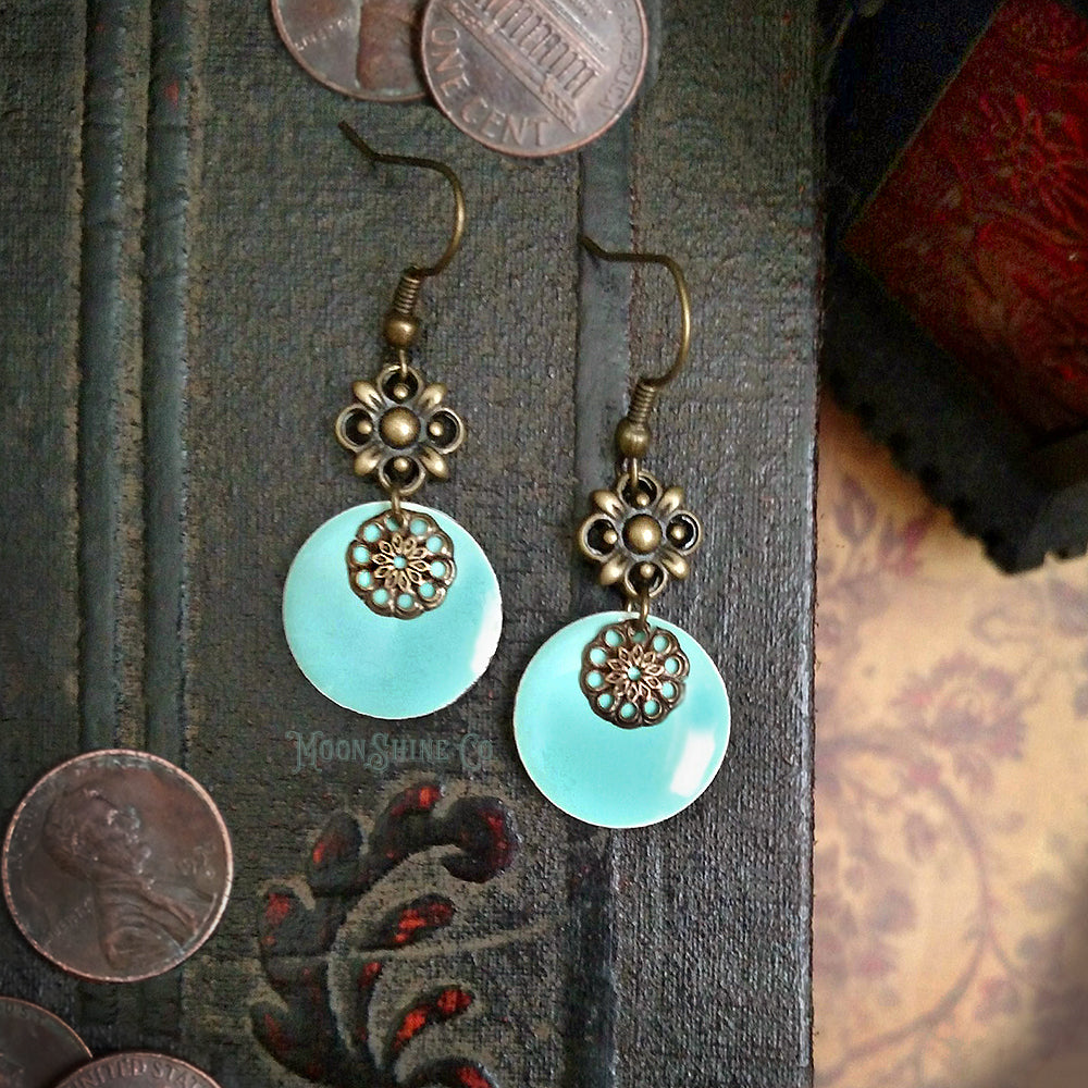 Earrings - Turquoise Enamel Disc with Antiqued Brass