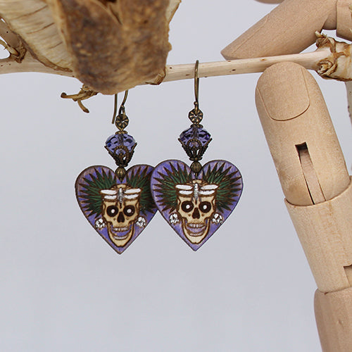 Earrings Laser-Etched Hand-Painted Wood Heart MoonShine Yucca Skull Swarovski Crystal
