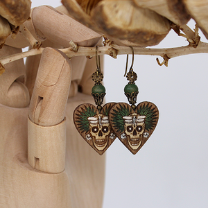 Earrings Laser-Etched Hand-Painted Wood Heart MoonShine Yucca Skull Jade