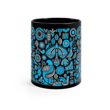 Load image into Gallery viewer, Mug 11oz Black Ceramic with Turquoise and Gray Nordic Birds and Florals