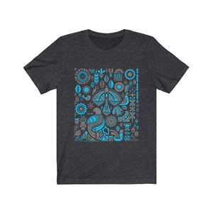 T-Shirt - Black with Nordic Birds and Florals Turquoise and Gray Design