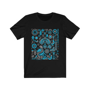 T-Shirt - Black with Nordic Birds and Florals Turquoise and Gray Design