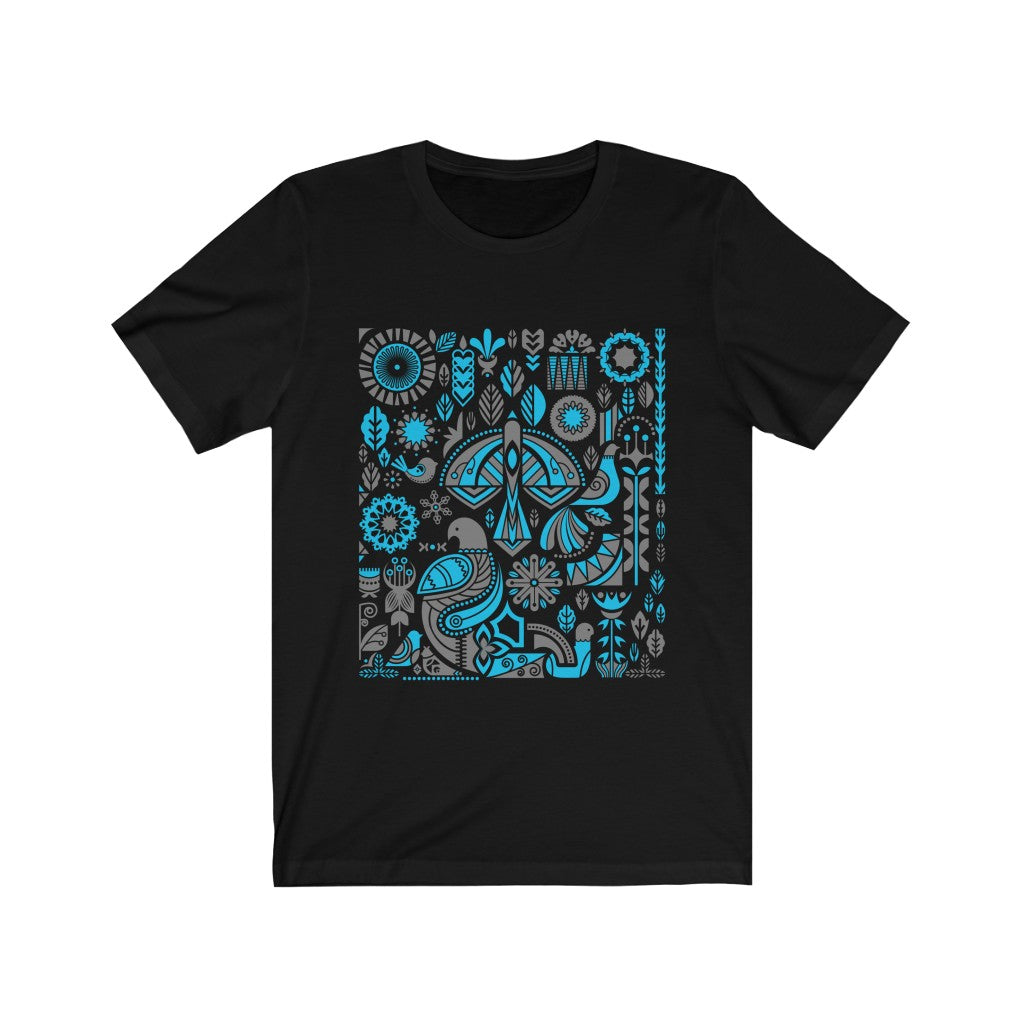 T-Shirt - Black with Nordic Birds and Florals Turquoise and Gray Design