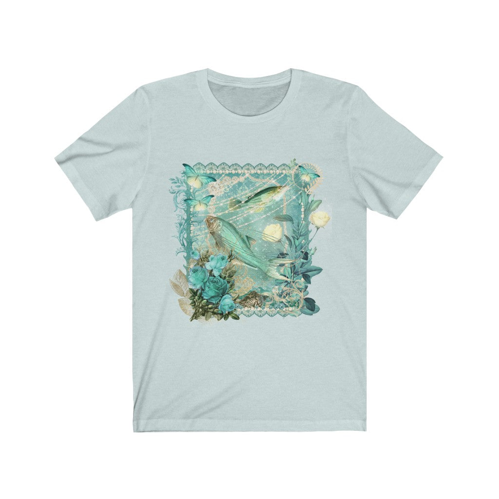 T-Shirt - Blue Fish with Roses and Butterflies