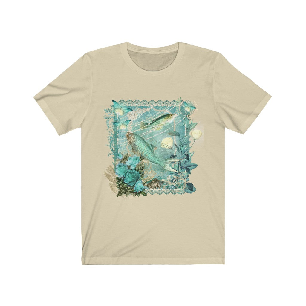 T-Shirt - Blue Fish with Roses and Butterflies