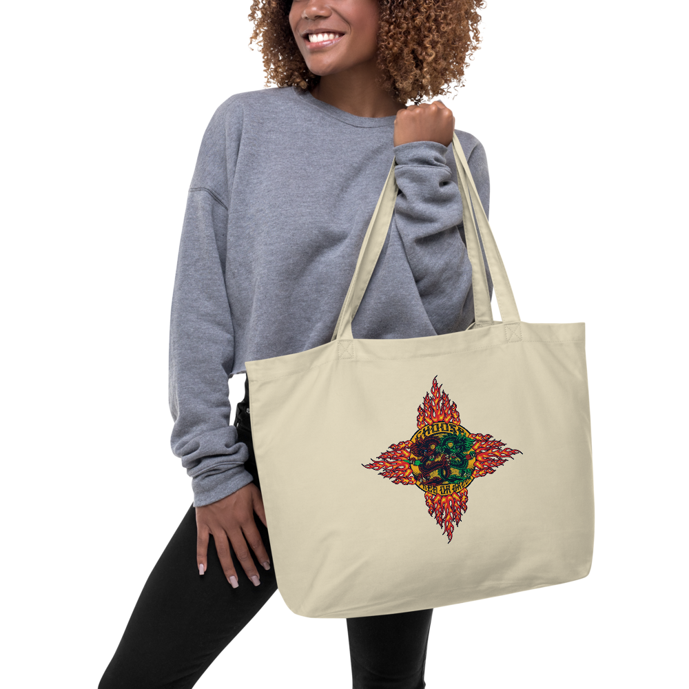 Tote Bag - Large Organic Cotton Choose Red or Green Flaming Dragon Shield