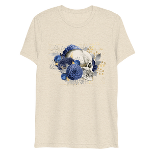 T-shirt Triblend Short Sleeve MoonShine Skull with Blue Flowers