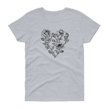 Load image into Gallery viewer, 10n bla0% cotton T-shirt in light gray with a design in the middle is black ink of a heart shape made up of beautifully illustrated roses. They are just outlines, and not filled in with color. The fresh summer T-shirt has a scoop neck and capped sleeves for a more feminine look.