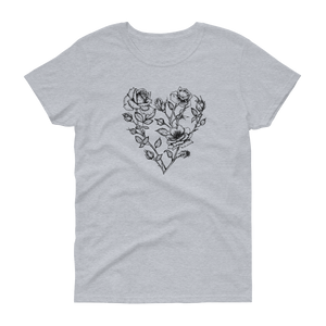 10n bla0% cotton T-shirt in light gray with a design in the middle is black ink of a heart shape made up of beautifully illustrated roses. They are just outlines, and not filled in with color. The fresh summer T-shirt has a scoop neck and capped sleeves for a more feminine look.